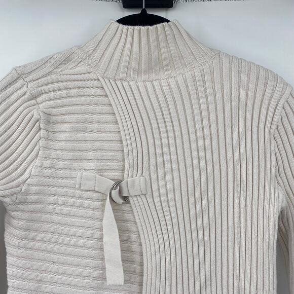 Cabi Asymmetrical D Ring Back Sweater Split Mock Neck Ribbed Pullover Cream XS - Picture 7 of 12